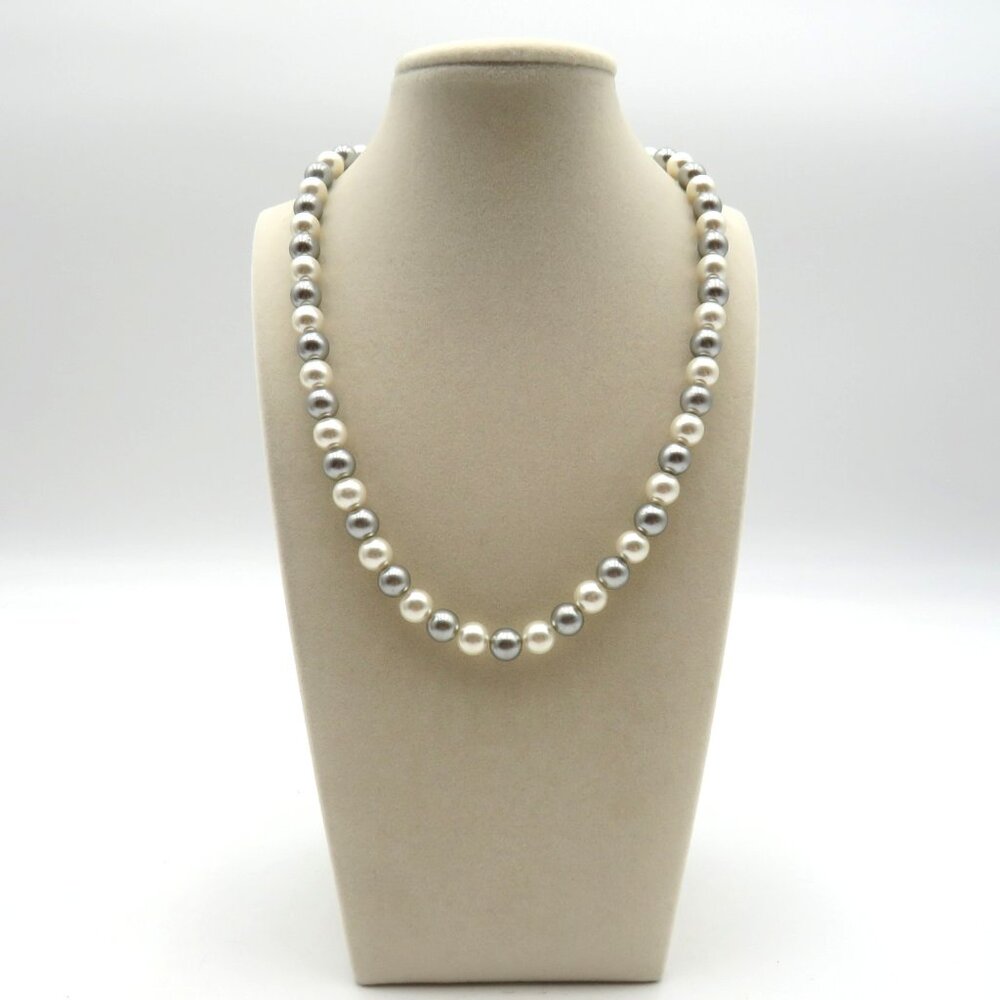 Vintage Imitation Pearl Necklace Gold Tone Clasp Silver White Beaded Strand 17in